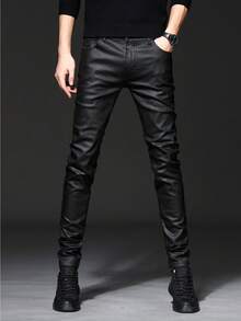 Men's New Coated Glossy Stretch PU Leather Trousers - Korean-Style Casual Slim-Fit Long Pants With Tapered Legs, Suitable For All Seasons (Height-Enhancing & Slimming Fit) - 黑色 - 查看 1