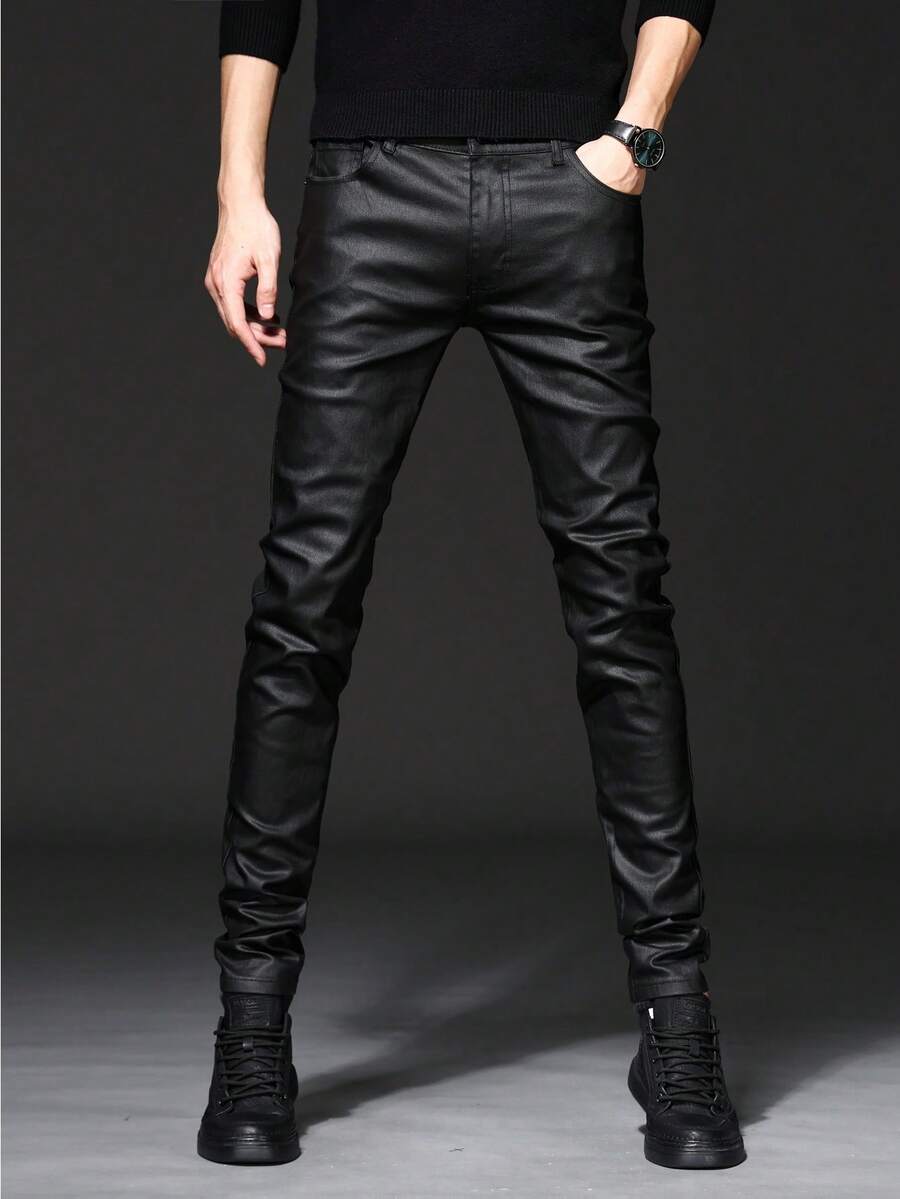 Men's New Coated Glossy Stretch PU Leather Trousers - Korean-Style Casual Slim-Fit Long Pants With Tapered Legs, Suitable For All Seasons (Height-Enhancing & Slimming Fit) - 黑色 - 查看 1