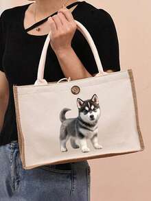可爱卡通贵宾犬印花女士亚麻手提包+化妆包套装，亚麻材质，颜色搭配，设计可爱，容量大，便携，可用作购物袋、化妆刷收纳袋、多功能收纳包，适合家庭、女性朋友、户外旅行、通勤、度假、母亲节、宠物爱好者等场合。 - 彩色 - 查看 5