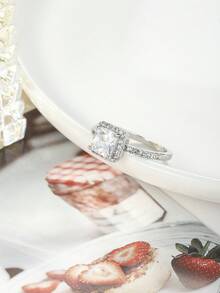 1枚经典立方氧化锆方形水晶银戒指，女士款 - 銀色 - 查看 5