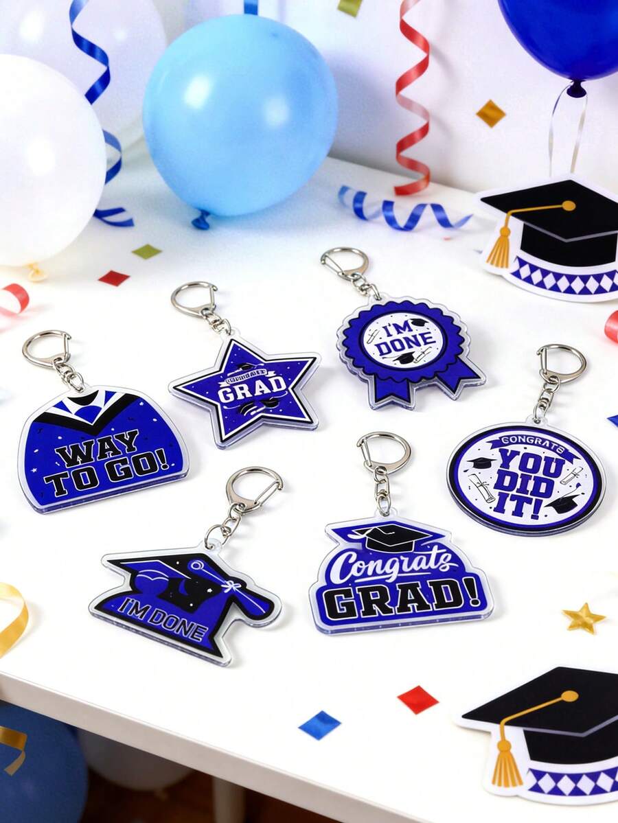 6件套2026毕业主题亚克力钥匙扣套装，蓝色“恭喜毕业”钥匙扣，适合作为毕业派对礼物、毕业礼品挂饰、2026毕业帽吊坠钥匙扣、毕业舞会装饰、毕业庆典装饰、背包吊坠、钥匙扣礼品、钱包、书包、背包、手提包、汽车配件、节日派对用品、礼品袋填充物。