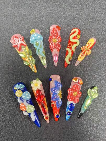 10-Piece 5.4cm Pure Handmade High Heel-Shaped Nail Extensions, Adorned With Rhinestones, Mushrooms, Jellyfish, And Flower Decorations, Designed As A Nail Application Set Suitable For Women And Girls. Perfect For Valentine's Day, Parties, Holidays, And Daily Wear. Nail Accessories, Acrylic Nail Sets, Hand-Pressed Manicures, Fake Nail Stickers, And Manicure Supplies.