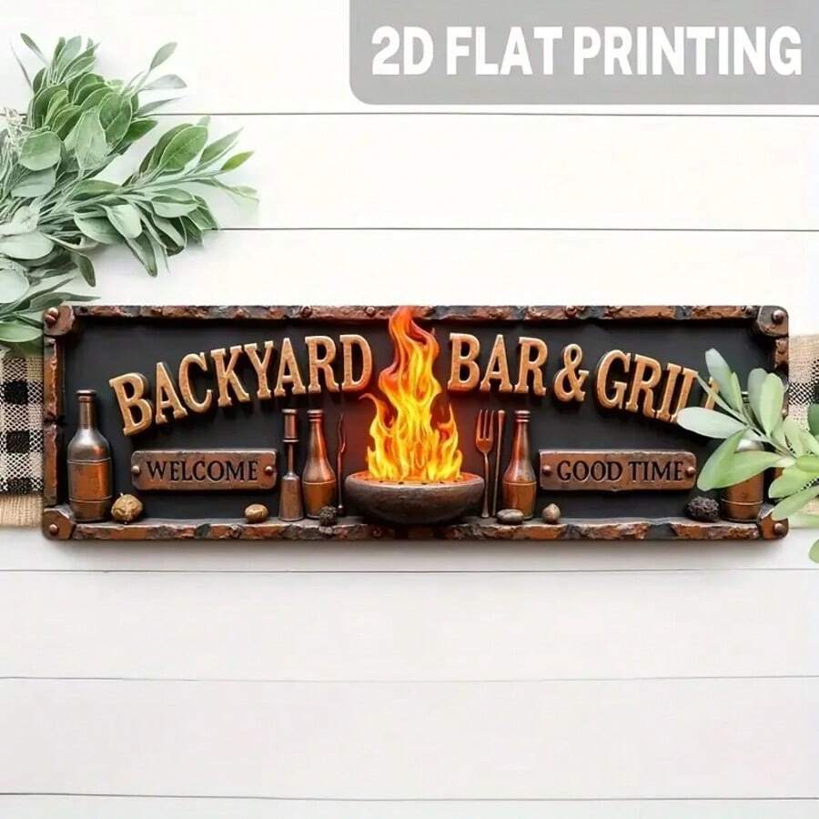 1pc 2D Flat Printed Iron Wall Sign For Backyard Bar And BBQ - Vintage "Welcome To Good Times" Design, No Electricity Needed, Suitable For Patio, Porch, Kitchen, Man Cave, Porch Decor, Kitchen Decor, Flame Pattern, Sturdy Home Decor, Outdoor Patio Decor, BBQ Decor, Patio Sign, Bar Decor, Broom Parking Sign, Halloween Decor, Pizza Shop, Retro, Home/Apartment Decor, Wall Decor - Multicolor - View 1