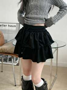 层叠蕾丝拼接半身裙，韩式黑色春季款 - 黑色 - 查看 4