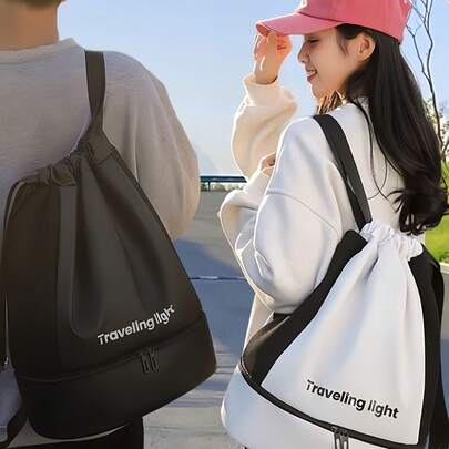 美观旅行收纳包，底部拉链隔层，干湿分离，适合存放泳衣和鞋子，是游泳爱好者和情侣的理想之选；时尚抽绳健身包，完美适用于海滩度假和冲浪；防水游泳包，夏季健身露营锻炼套装