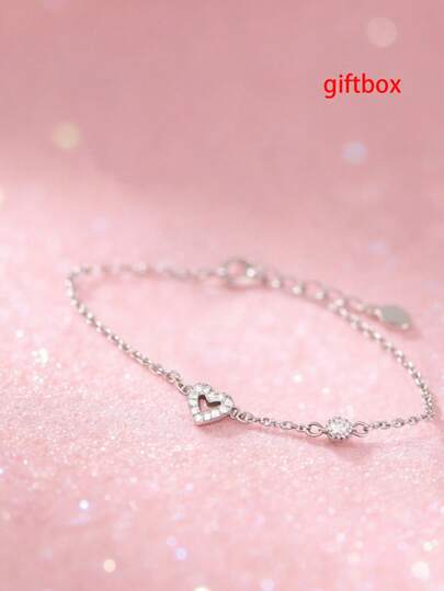 1pc S925 Sterling Silver Hollow Heart Rhinestone Bracelet, Sweet & Cute Ins Style Delicate Minimalist Accessory, Fashionable & Refined, Suitable For Girls Daily Wear Or Birthday Gift