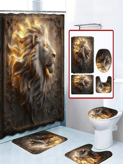 1/4pcs UAXIEP Embossed Gold-Plated Lion Shower Curtain Set, Majestic And Artistic, Waterproof And Easy To Maintain. Includes Waterproof Shower Curtain (With 12 Hooks), Anti-Slip Bath Mat, U-Shaped Toilet Mat, Toilet Lid Cover, Bathroom Decor And Partition.