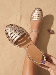 Sandal nữ kiểu La Mã khoét rỗng với quai chữ T và quai mắt cá chân, sandal đế bằng dệt thoải mái, dễ xỏ, thích hợp cho hoạt động ngoài trời, du lịch, chống trượt, thoáng khí, làm từ lưới khoét rỗng. - Rượu sâm banh - Xem 4