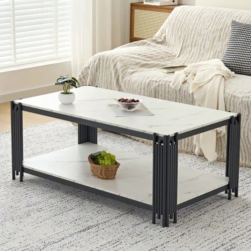 Rectangular Coffee Table With Metal Legs, Marble-Effect Tabletop, Modern Living Room Furniture, Black – H46/W1140/D64 Cm - Black - View 1