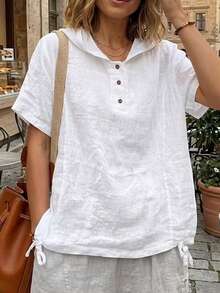 女士纯色前开襟纽扣连帽短袖上衣，下摆抽绳，春夏款 白色 - 白色 - 查看 1