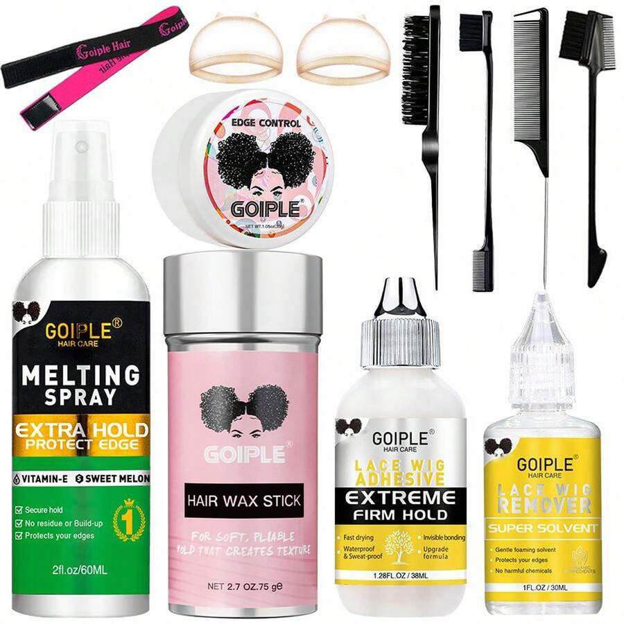 Goiple Waterproof Lace Glue Kit Wig Lace Bond Melting Spray Extra Hold For Lace Front Glueless Adhesive,Includes Lace Melting And Holding Spray,Wig Glue,Adhesive Remover,Rat Tail Comb, Double Sided Brush,Eyebrow Trimmer,Elastic Hair Band,HD Wig Caps - 38毫升 - 查看 1
