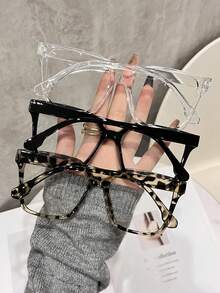 3 piezas Gafas cuadradas transparentes de estilo bohemio con estampado de leopardo de policarbonato (PC) extra grandes, adecuadas para todas las estaciones para mujeres - transparente - Ver 8