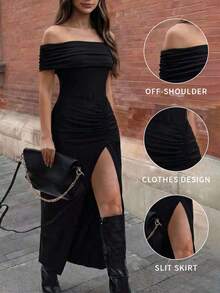 EARO Women's Long Slit Bodycon Dress, High-End Elegant Casual Versatile Tight Fitted Ruched Stand Collar Off Shoulder Design Knit Mini Dress Black Summer - Black - View 1