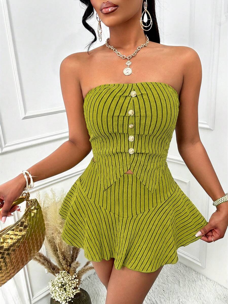 AIJ Women's Summer Casual Sexy Solid Color Pleated Camisole + Cute Safety Shorts Skirt 2-Piece Set, Suitable For Sports, Daily Life, Tennis - Grass Green - View 1