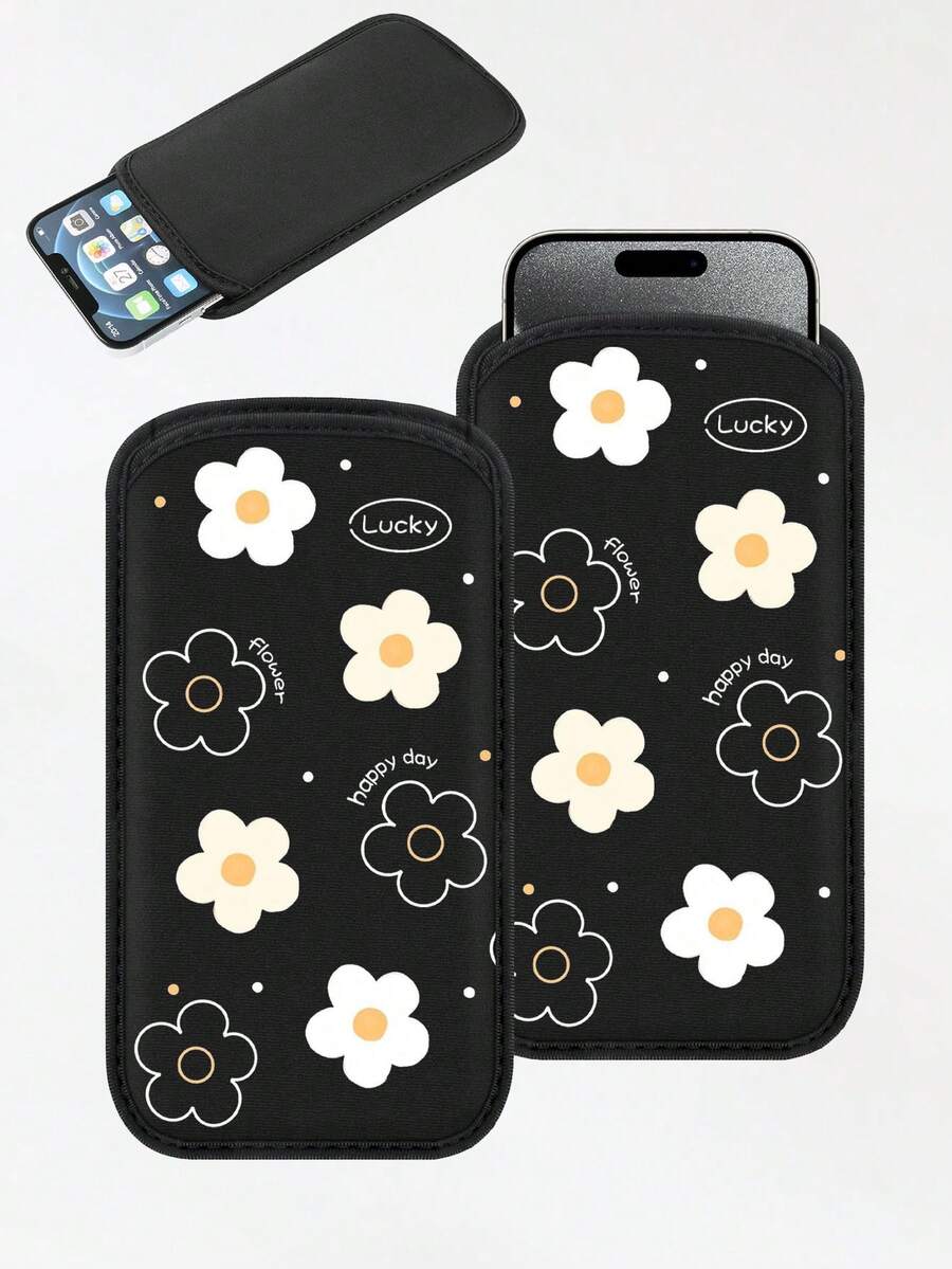 New Floral Pattern Direct Insert Phone Protective Case Pouch, Black Outdoor Phone Storage Bag, Direct Insert Phone Bag, Made Of Shockproof And Dustproof Neoprene Material, Soft Elastic Lining, Portable Unisex - Multicolor - View 1