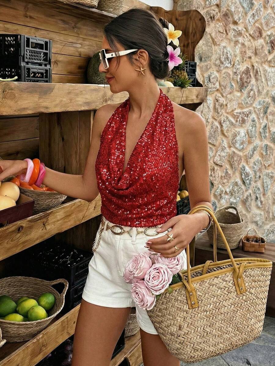 女士新款红色V领露背吊带无袖亮片串珠拼接吊带背心，性感优雅时尚派对聚会节日圣诞新年背心，春夏款 - 紅色 - 查看 1