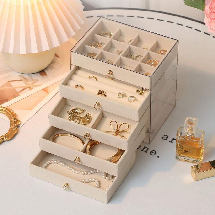 Hộp đựng trang sức có 5 ngăn kéo, hộp đựng bông tai bằng acrylic trong suốt với khay nhung điều chỉnh được dành cho nữ - Màu xám, 5 tầng