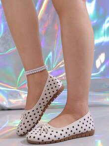New Polka Dot Flat Loafers For Women, Comfortable Slip-On Casual Shoes, Classic Round Toe Bow Design, Non-Slip Rubber Sole, Versatile For All Seasons - White - View 6