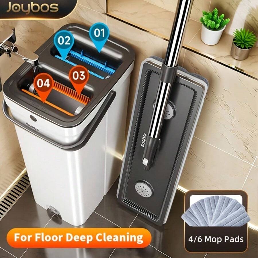 Joybos Mop And Bucket Set With Wringer System, Hands Free Flat Floor Mop And Bucket, 2 Zone Separate Dirty And Clean Water, With 4-Way Ultra Deep Cleaning Scrapers, 12.99/17.32inch Wet And Dry Mop, 4 Washable Pad, Mop For Floor Cleaning All Floors Tile Wall Window - 15.75inch Mop+Bucket+4 Refills - 查看 1