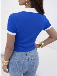 Women's Polo Shirt With Collar, Brazil Ribbed Knit, Retro Style, World Cup Theme. - 巴西藍 - 查看 4