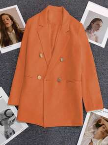 Blazer Wanita Lengan Panjang Polos Kancing Ganda Musim Semi & Musim Panas, Kerah Berlekuk | Ideal untuk Kencan, Pesta, Jalan-jalan & Perayaan Meriah - Oranye - View 4