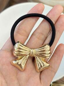 European And American INS Minimalist Floral Leather Scrunchie Bowknot Metal Hair Ties, Minimalist Elastic Hair Ties, Zinc Alloy Hair Accessories, Suitable For All Seasons Travel Accessories Ponytail Holders Hair Elastics Hair Rubber Bands Hair Rope Elastic Hair Tie - Gold - View 2
