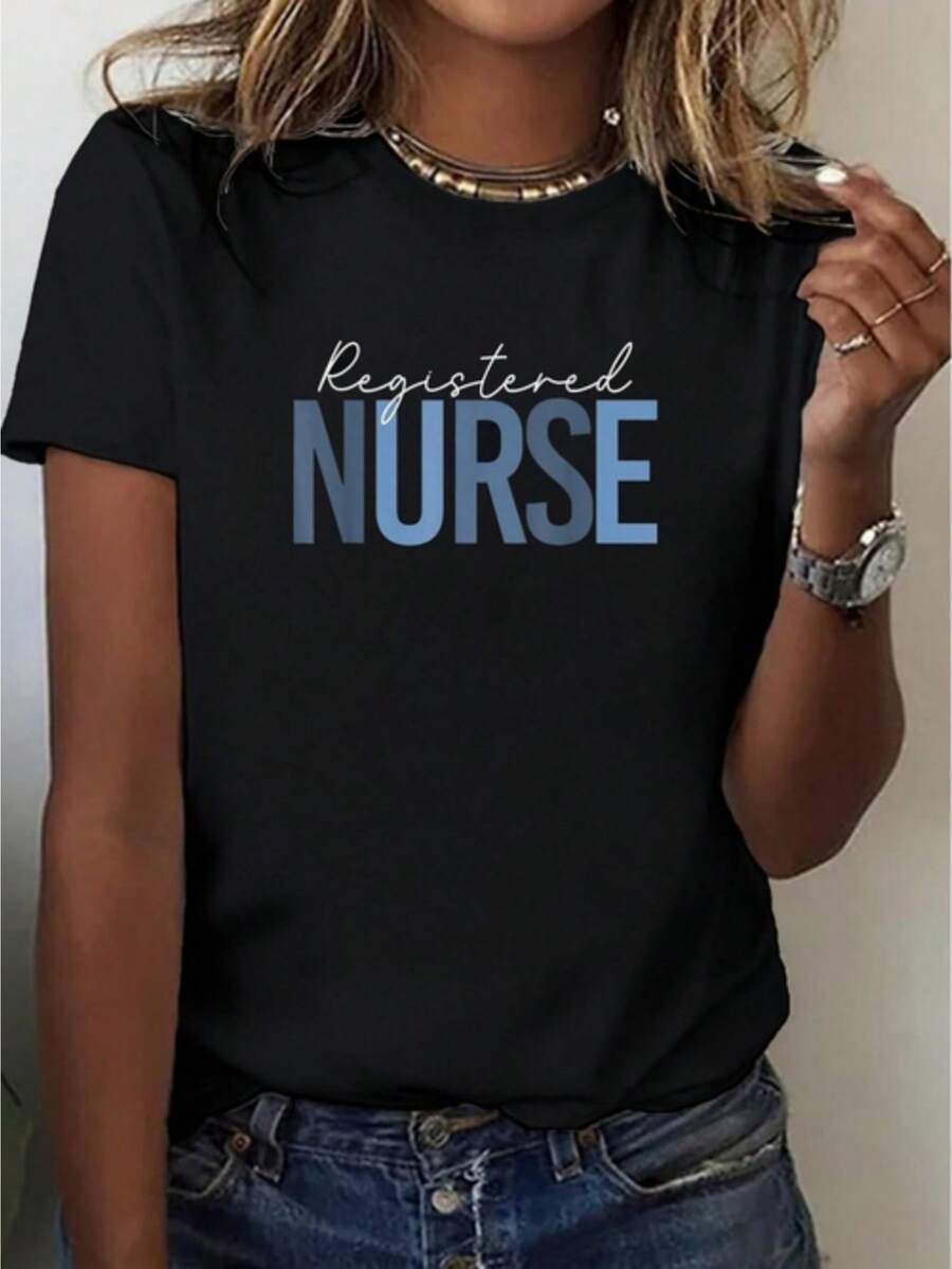 Registered Nurse Graphic Tee For Nurse Day, Casual Soft Cotton Short Sleeve Top - 黑色 - 查看 1