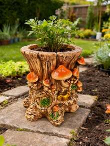 造型奇趣的蘑菇树桩花盆，手工树脂材质，仙境花园装饰，多肉植物户外花盆，庭院摆件，园艺爱好者的独特礼物 - 蘑菇樹樁花盆 - 查看 4