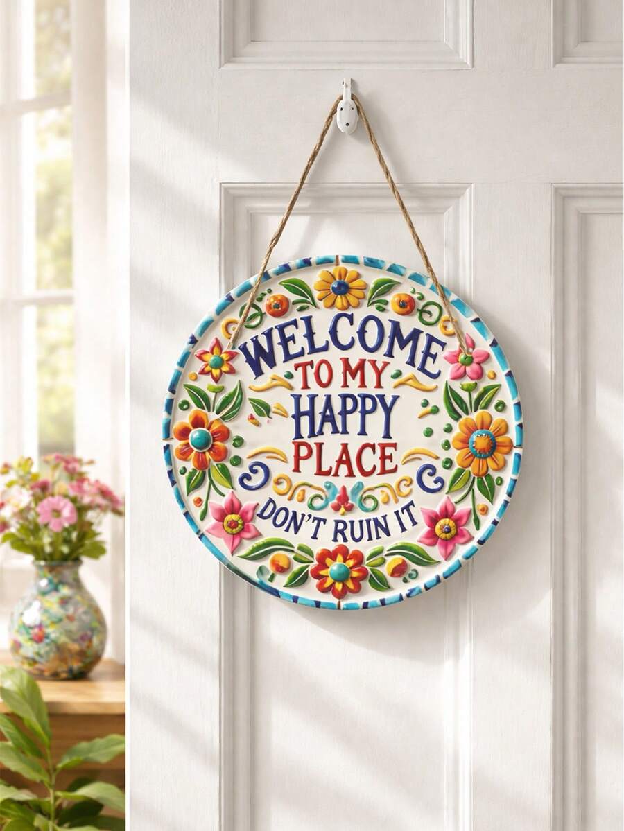 1 pièce "Bienvenue dans mon monde heureux" Décoration, œuvre murale imprimée 2D avec motif floral coloré et slogan positif, décoration d'intérieur rétro esthétique, panneau de signalisation joyeux, convient pour les portes, les murs, les entrées, les salons, les chambres, les cuisines, les salles de bains, les cafés, les boutiques, les patios, les fermes, le style boho et les scènes de décoration saisonnière de la maison - Multicolore - Voir 1