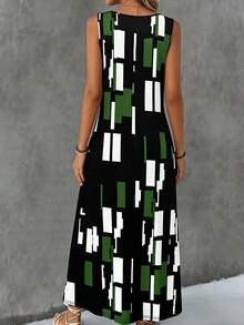 Plus Size Pocket Full Print Summer Vacation Casual Daily Sleeveless Geometric Print Dress, Spring/Summer Elegant - Green - View 3