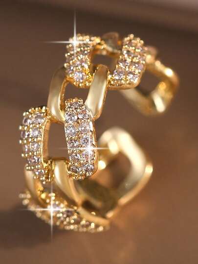 1pc Glamorous Chain Cubic Zirconia Rings,Fashionable Openable Square Ring For Women For Daily Wear, Wedding Engagement Anniversary Banquets Jewelry, Valentine's Day Gift