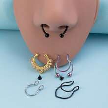 5pcs/20pcs Mixed False Nose Ring Set, False Nose Ring Stainless Steel Septum Ear Accessories, Fashionable Spiral Style Without Perforation - 黑色 5 件/套 - 查看 2