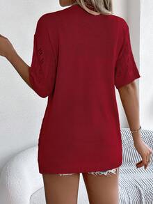 Summer Hollow Out Knit Cover Up For Women, Minimalist Solid Color Loose Mid-Length Short Sleeve Outerwear, Slouchy Lightweight Sun Protection Shawl - Burgundy - View 3