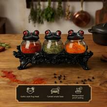 Set 3 Buah Toples Ramuan Gaya Gotik Penyihir & Katak, Wadah Penyimpanan Keramik Buatan Tangan dengan Tutup Katak dan Alas Logam, Toples Bumbu Dapur Halloween untuk Rempah-rempah, Teh, Garam, Gula, Kopi, Dekorasi Rumah Estetika Gelap yang Unik, Hadiah Kreatif - MultiWarna - View 5