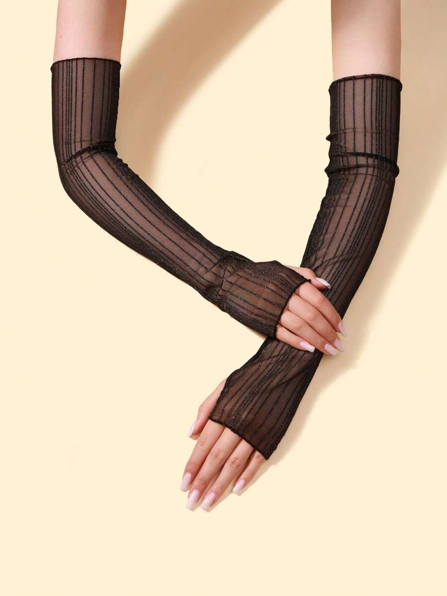 1件新款时尚婚礼/节日透气轻薄透明露指长袖套，优雅网眼手套，户外防晒 - 黑色 - 查看 1