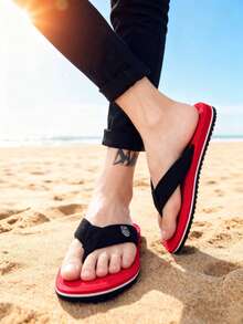 男士夏季沙滩凉鞋，休闲百搭家居拖鞋，人字拖，黑色夹趾凉鞋 - 紅色 - 查看 3