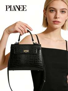 Crocodile Embossed Tote Shoulder Bag, Versatile Handbag For Women - Black - View 2