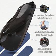 Tennis Bag - 6 Racket Bag For Tennis, Badminton & Squash Racquets. Blue, Black Or Magenta. Holds Up To 6 Racquets + Accessories + Trainers - 黑色 - 查看 2