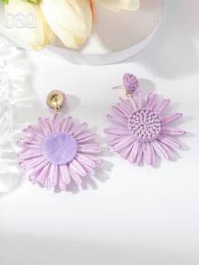 OOQ 1 Đôi bông tai mặt dây chuyền hình hoa hướng dương làm thủ công từ sợi raffia, kiểu dáng thời trang, ngọt ngào, thanh lịch, thích hợp làm quà tặng cho bạn bè trong bất kỳ dịp lễ nào (Được làm thủ công từ sợi raffia, hướng và hình dạng ngẫu nhiên) - Màu tím - Xem 5