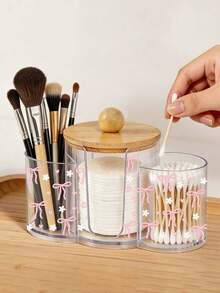 Caja de almacenamiento de plástico transparente con tapa de bambú con diseño de lazo rosa en 3 en 1, organizador de maquillaje de escritorio con tres agujeros redondos, caja de almacenamiento de cosméticos transparente con tres compartimentos - Caja de almacenamiento de tocador moderno con tapa, ideas de regalo para mujeres - Multicolor - Ver 2
