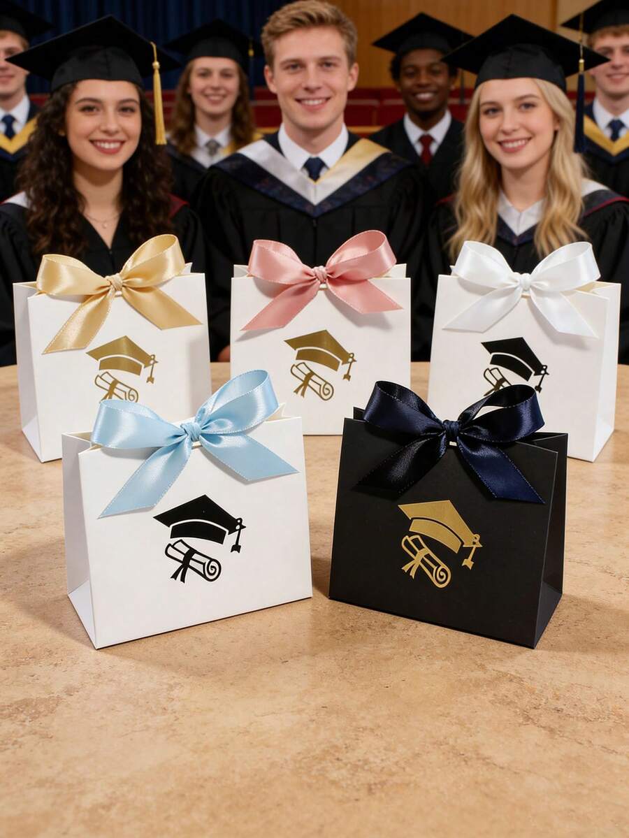 5 piezas Caja de regalo de graduación con diseño de gorra y diploma, empaque de favor de papel mini con lazo de cinta de satén, elegante soporte para dulces para decoración de mesa de fiesta de graduación, caja de regalo pequeña para celebración de la clase, fácil de ensamblar - 11,5X4,5X10cm - Ver 1