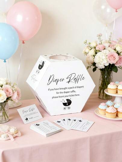 1set Diaper Raffle Hexagonal Card Box, Containing 20 Raffle Tickets - Simple Stroller Design, Perfect For Baby Party Games. Ideal For Baby Parties, Gender Reveal Parties, Pregnancy Celebrations, Welcome Parties, Newborn Gifts, And Baby Party Supplies.