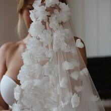 1 pieza Velo de novia de catedral con flores 3D, de longitud de catedral de capa única con cola larga, accesorio para vestido de novia - Multicolor - Ver 8