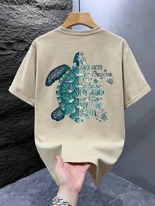 男士印花T恤，沙滩夏季宽松短袖T恤 - 杏色 - 查看 2