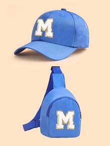 2 piezas Conjunto de gorra de béisbol con 26 letras y bolso bandolera para niños, gorra de sol azul ajustable + bolso de pecho casual, adecuado para uso diario - Azul - Ver 25