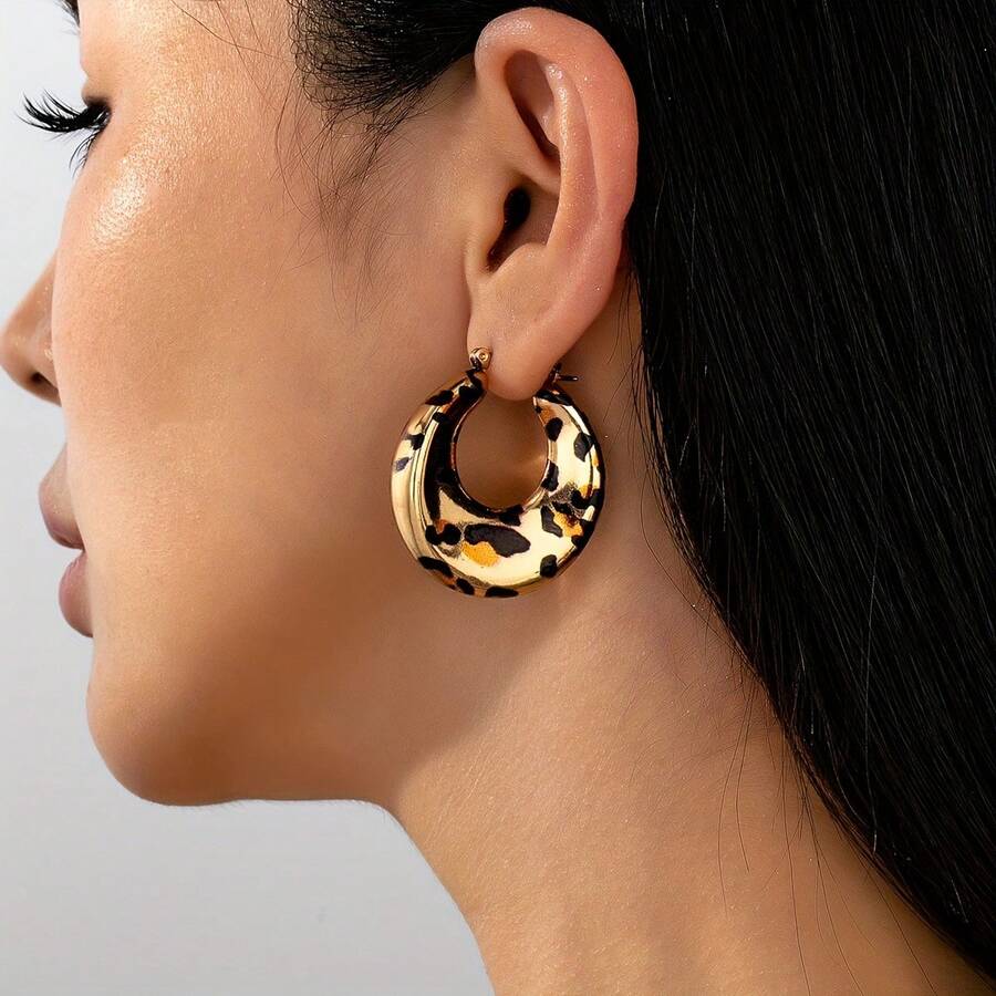 1 Pair Fashionable Exquisite Elegant Retro Leopard Print Design Hoop Earrings, Suitable For Women's Daily Wear - Multicolor - View 1