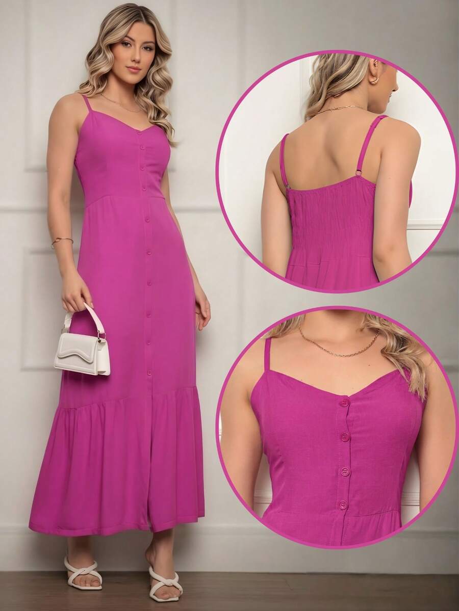 Elegant Women's Long Dress With Padded Cups, Lining, Adjustable Straps, And Front Buttons - 玫瑰紅 - 查看 1