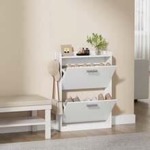 Shoe Cabinet Organizer With 2 Flip Drawers,Freestanding Shoe Rack Cabinet,Narrow Shoe Cabinet Storage For Entryway,Foyer, Hallway, White, 23.6" W * 6.3" D * 33.1" H - Xem 6
