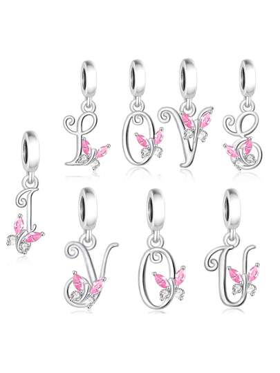 HuooNew 1pc 925 Sterling Silver Beautiful Butterfly Cubic Zirconia Encrusted English Letter Pendant, Suitable For Men And Women, Party & Gift