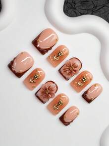 10 pezzi di punte per unghie quadrate fatte a mano, stile Y2K Baddie, colore nude e marrone con punte francesi, disegni floreali e a rose, unghie lucide, adatte per feste, matrimoni e uso quotidiano, include accessori per unghie, ottimo regalo per donne e ragazze - Multicolore - Visualizzare 3
